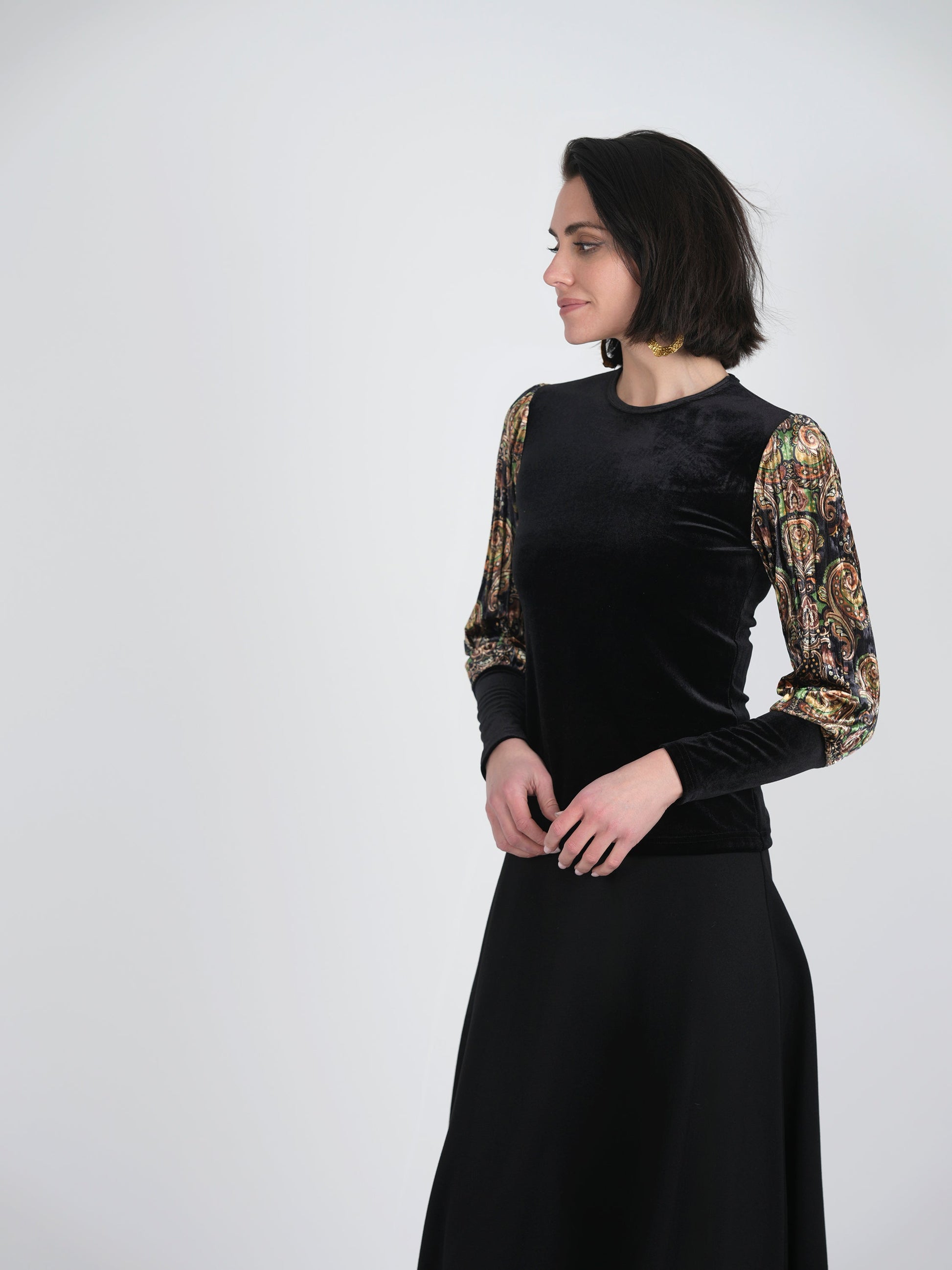 Slinky Velour Combo printed Accordian Sleeve Top - Concordia Style Boutique