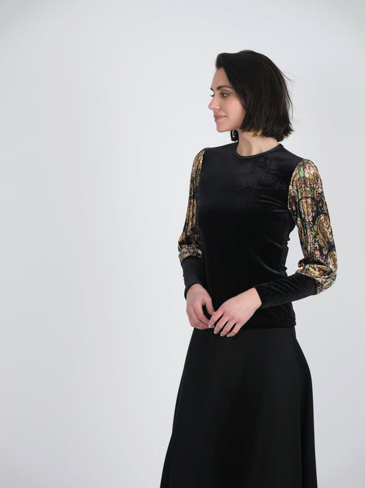 Slinky Velour Combo printed Accordian Sleeve Top - Concordia Style Boutique
