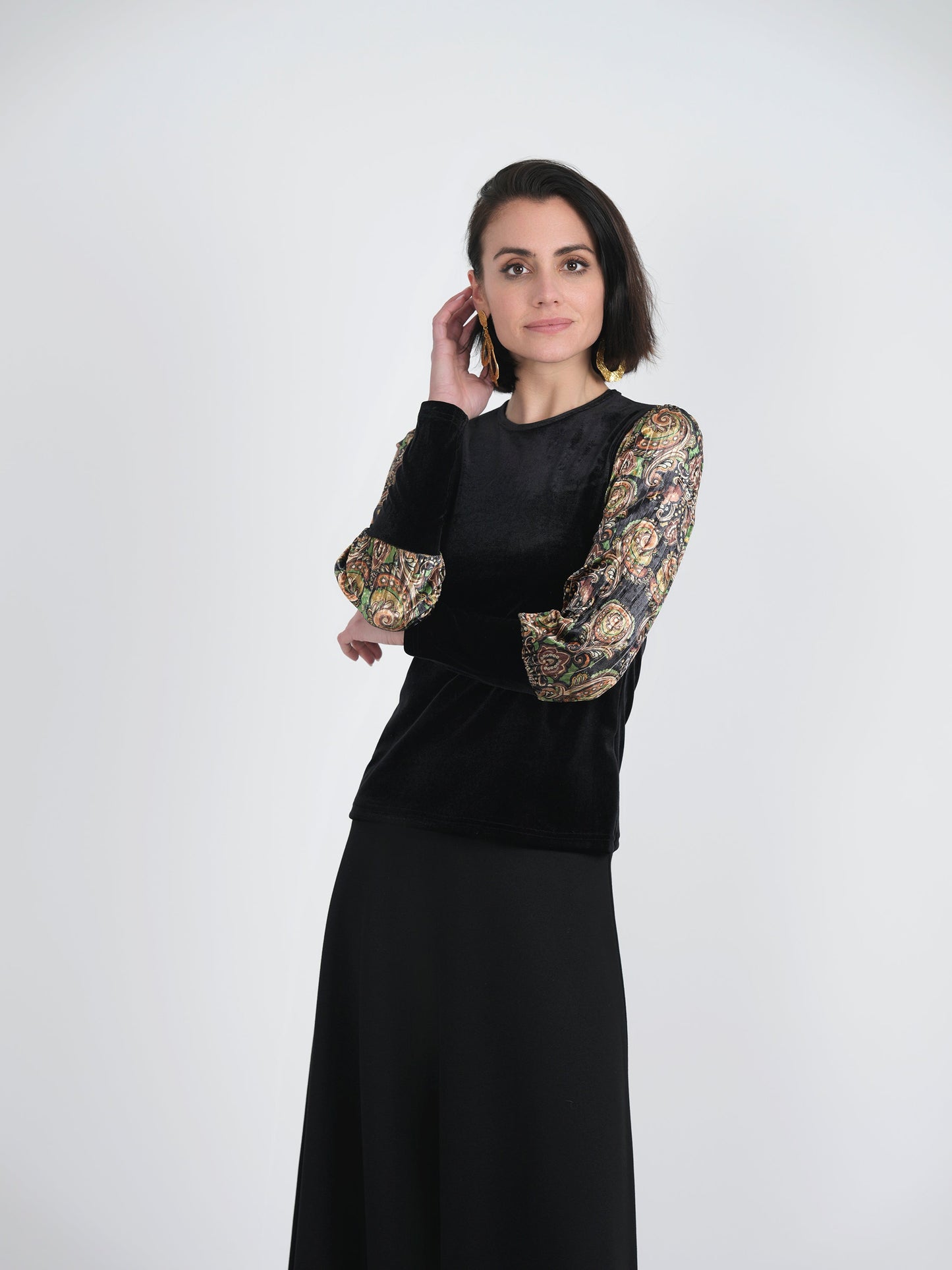 Slinky Velour Combo printed Accordian Sleeve Top - Concordia Style Boutique