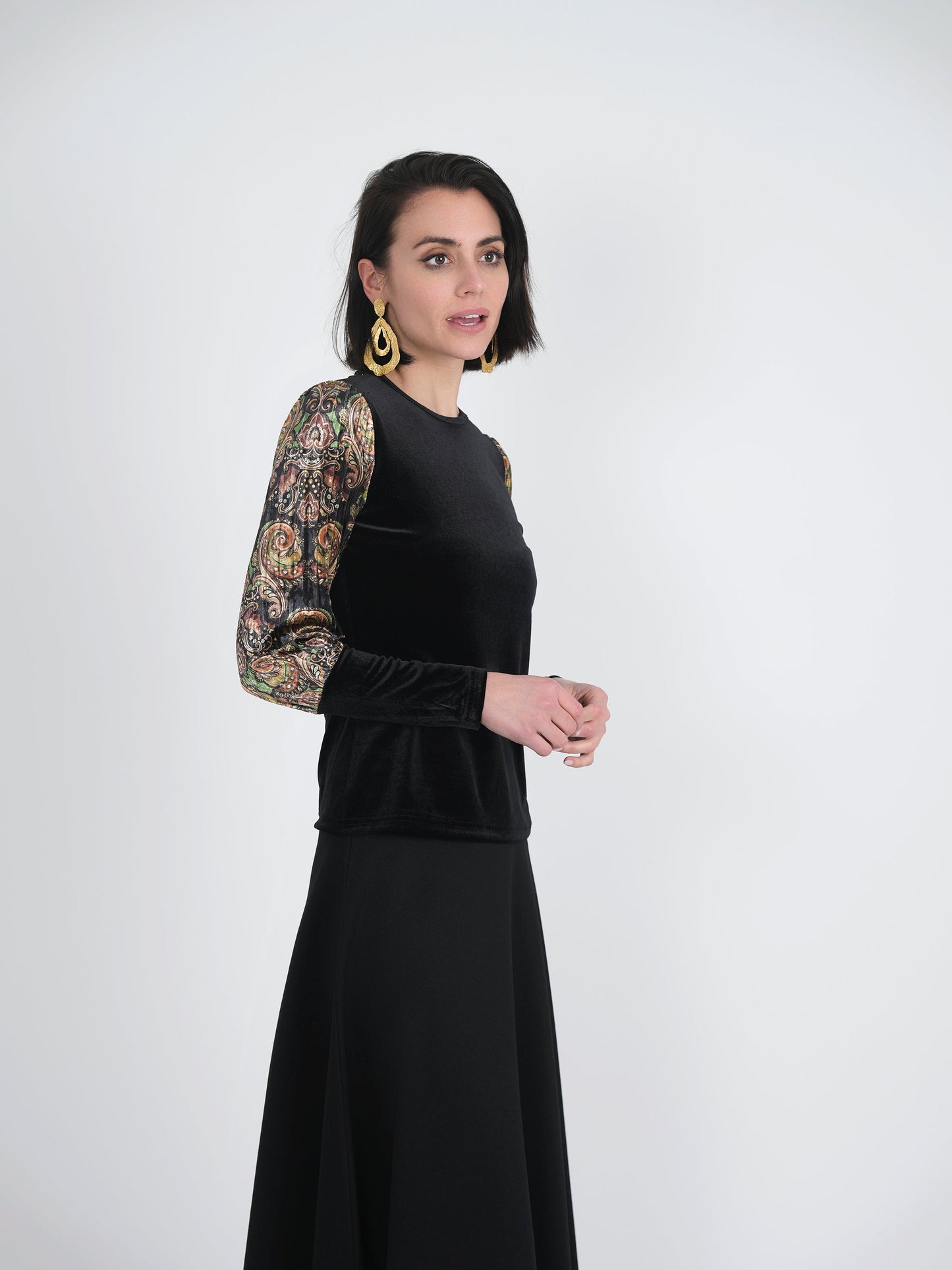 Slinky Velour Combo printed Accordian Sleeve Top - Concordia Style Boutique