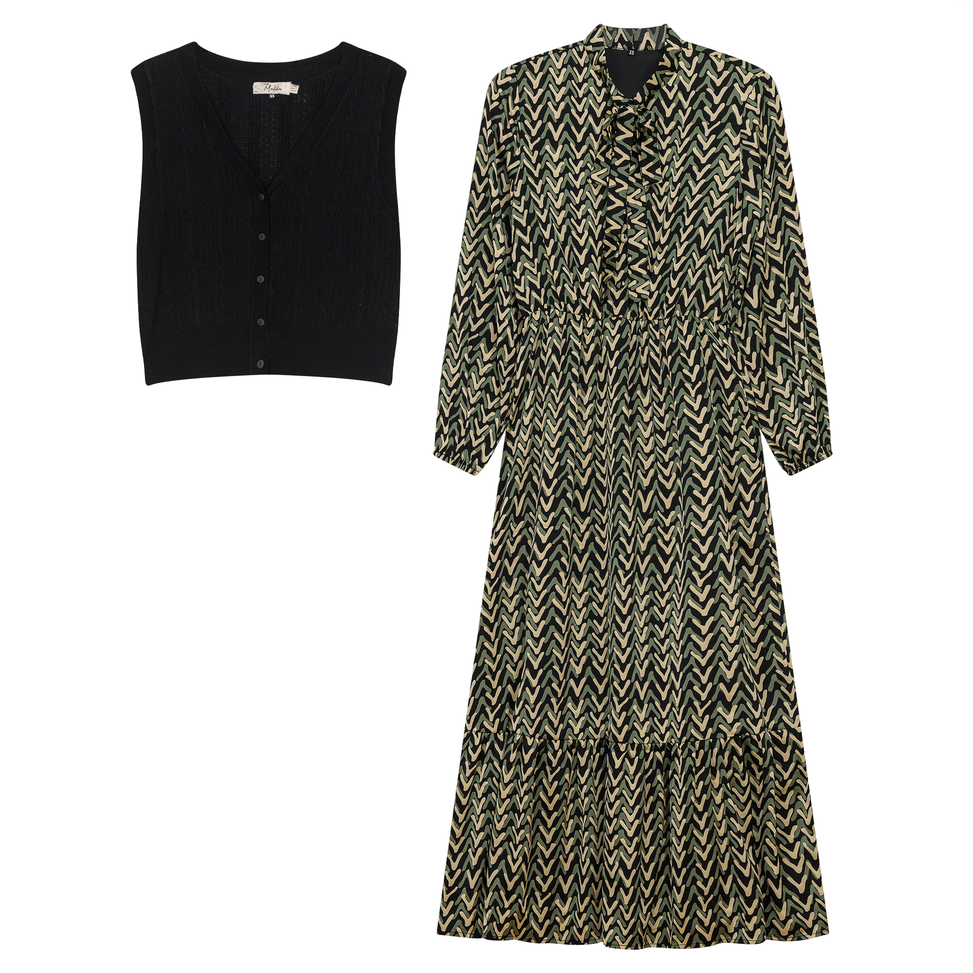 Printed Chiffon Tiered Dress With Crochet Knit Vest - Concordia Style Boutique