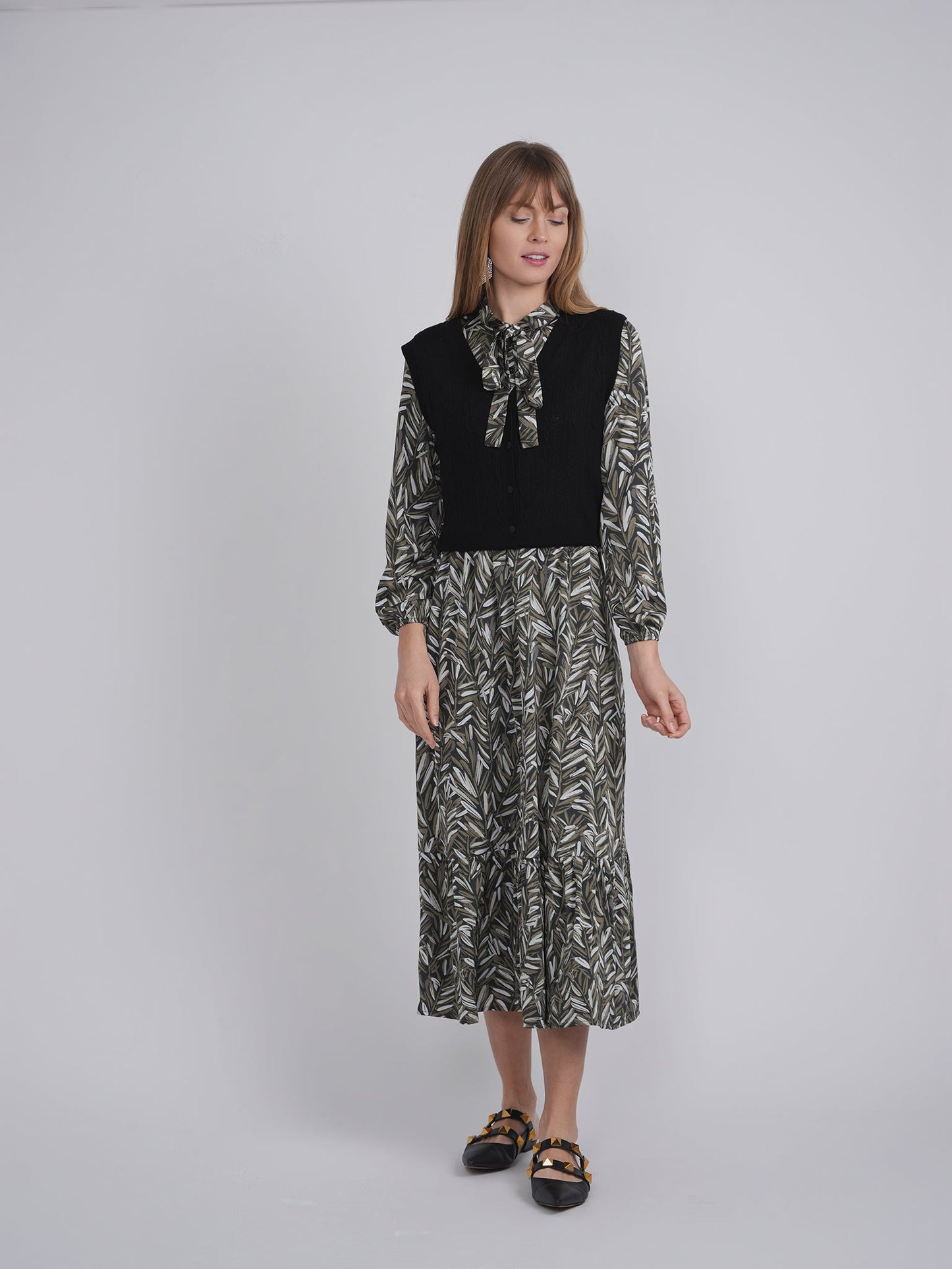 Printed Chiffon Tiered Dress With Crochet Knit Vest - Concordia Style Boutique