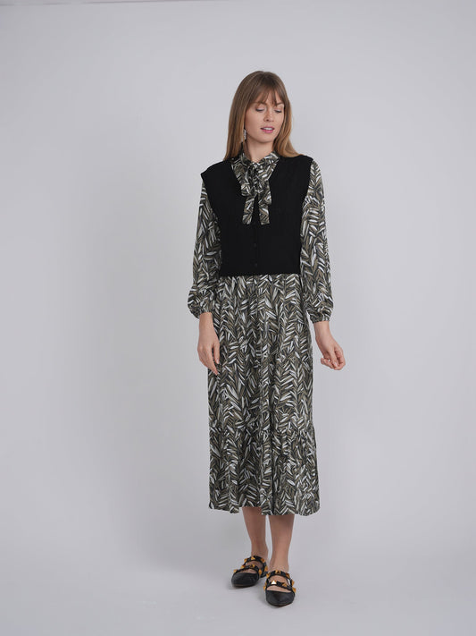 Printed Chiffon Tiered Dress With Crochet Knit Vest - Concordia Style Boutique