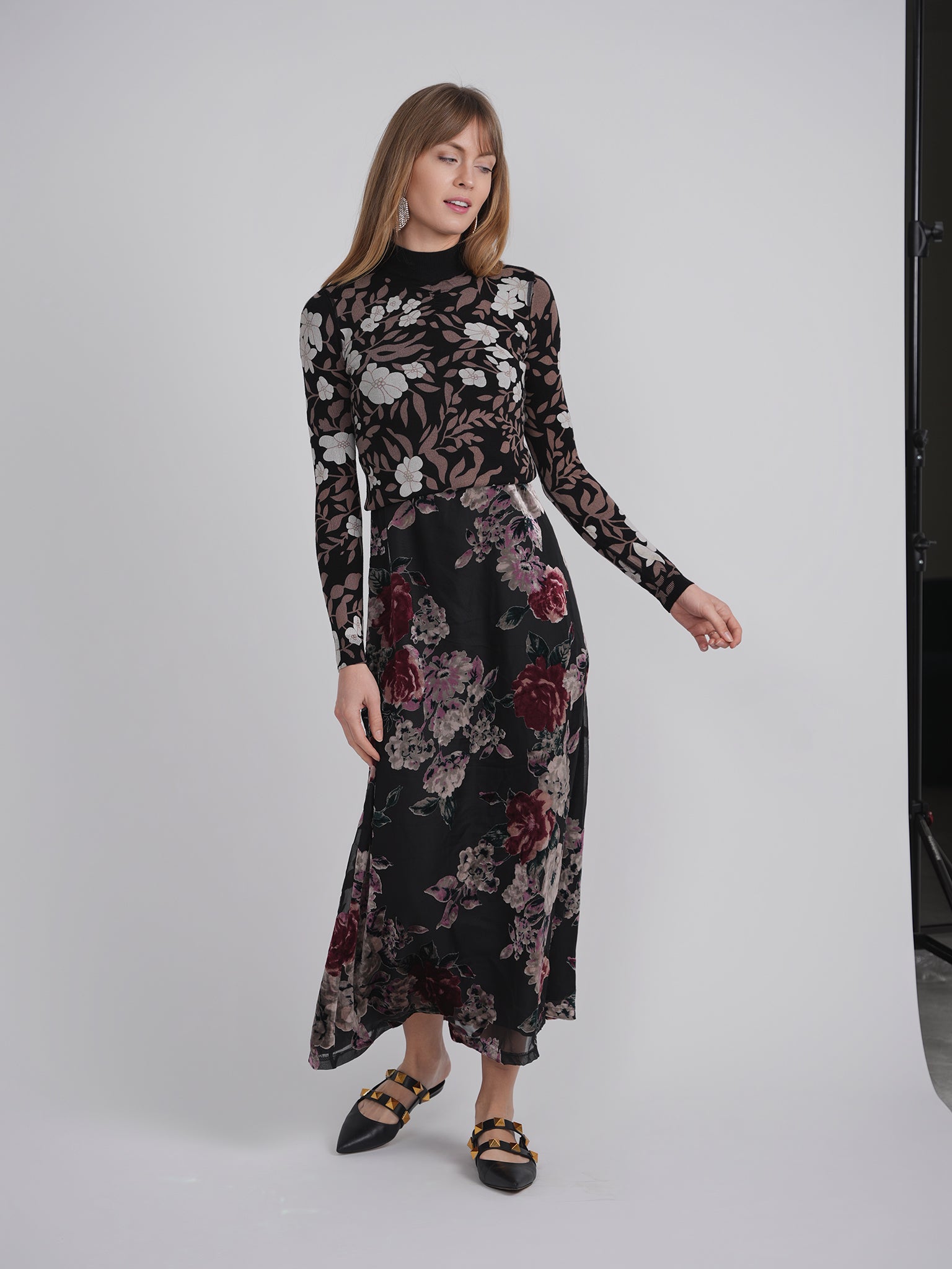 Printed Shirred Mock Neck Sweater - Concordia Style Boutique