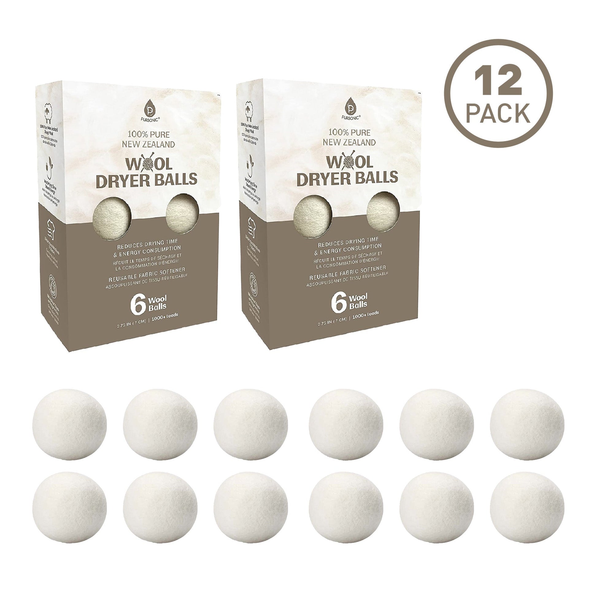 Pursonic 100% Pure New Zealand Wool Dryer Balls - 12 Pack - Concordia Style Boutique