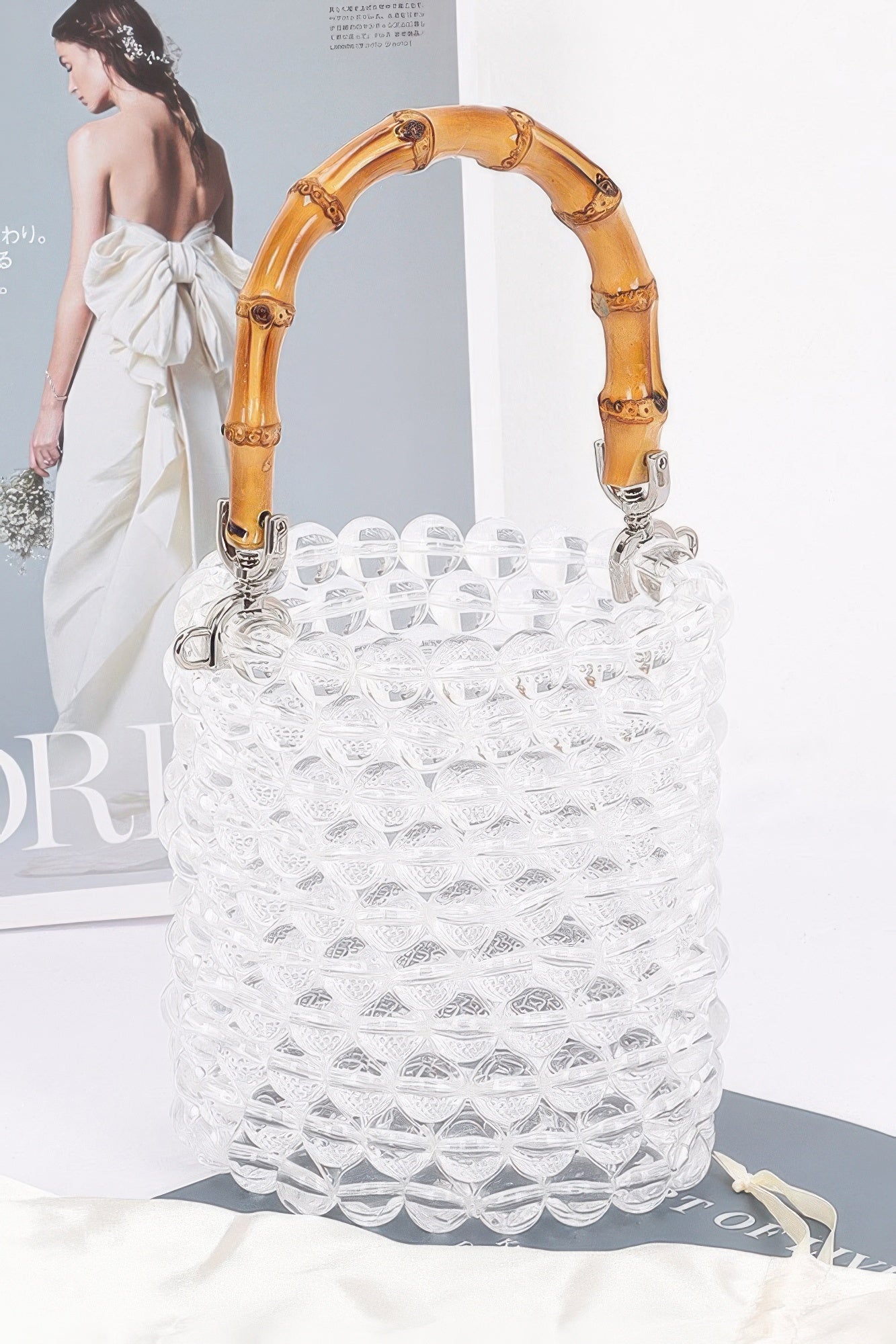 Bamboo Handle Transparent Bead Chic Tote Bag