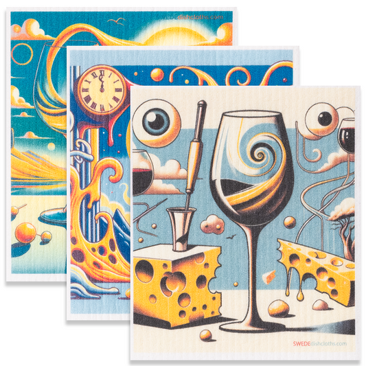 Eco-Friendly Swedish Dishcloths - Mixed Surreal Wine Set of 3 (Paper Towel Replacements, One of Each Design) - Concordia Style Boutique