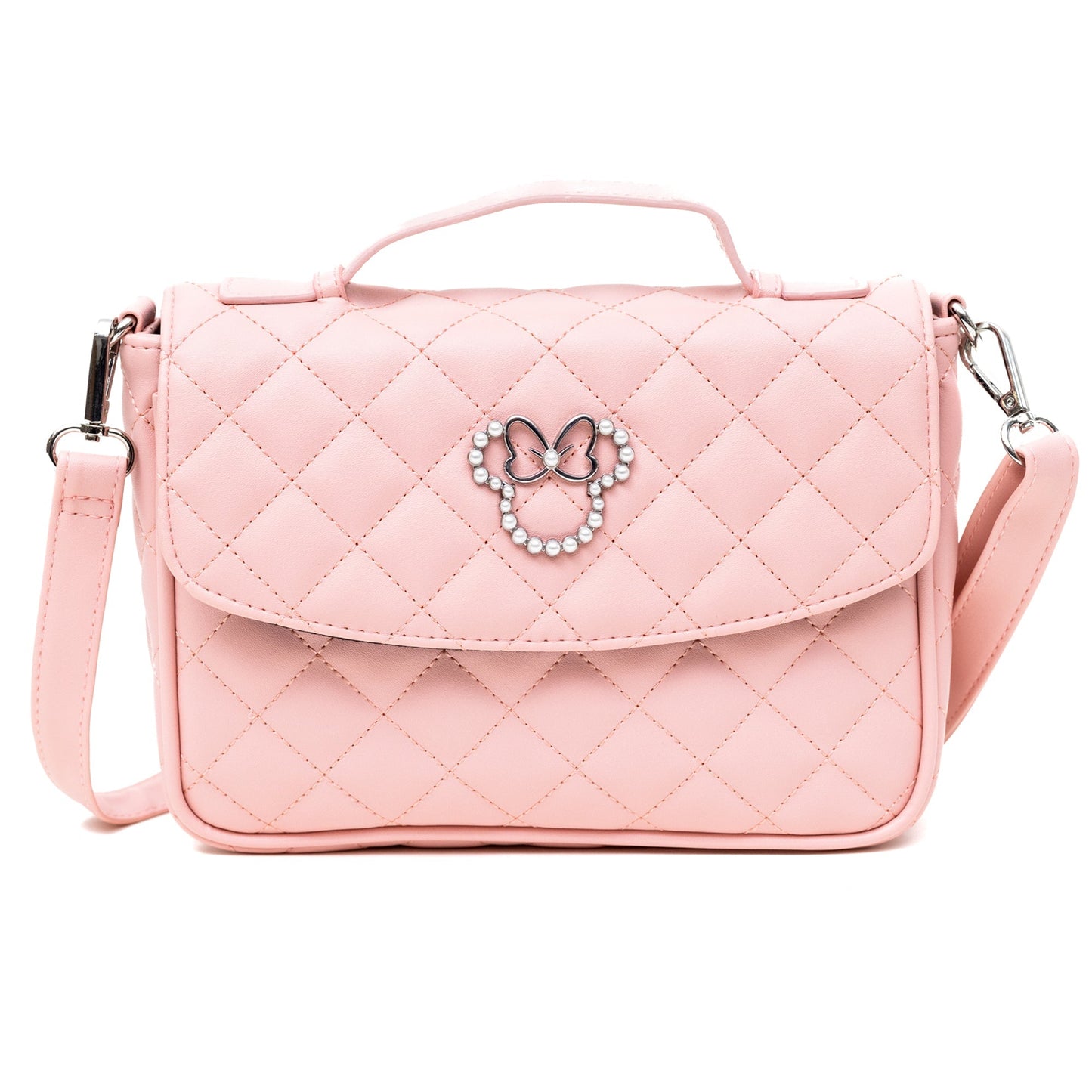 Disney Vegan Leather Fold Over Cross Body Bag for Women, Minnie Mouse Ears and Bow Icon with Mini Faux Pearls, Pink - Concordia Style Boutique