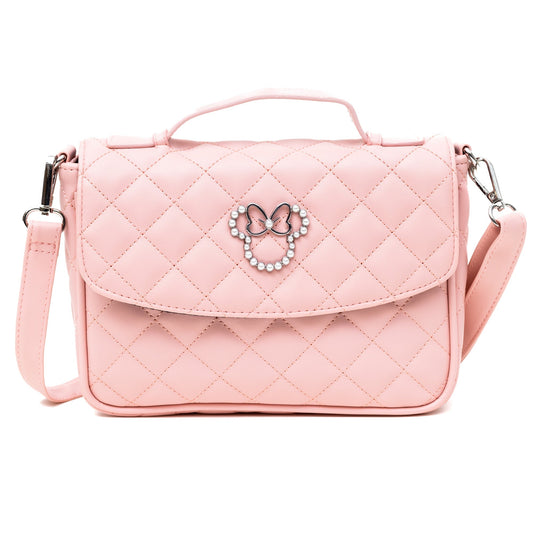 Disney Vegan Leather Fold Over Cross Body Bag for Women, Minnie Mouse Ears and Bow Icon with Mini Faux Pearls, Pink - Concordia Style Boutique