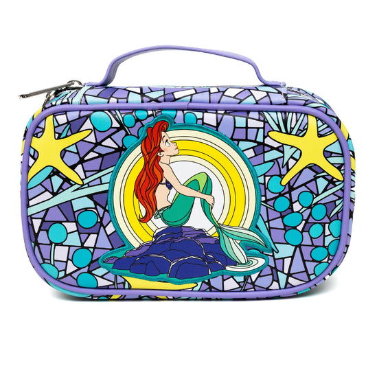 Disney Vegan Leather Travel Cosmetic Bag, Make-Up Bag for Women, The Little Mermaid Ariel Pose Applique Stained Glass Print - Concordia Style Boutique