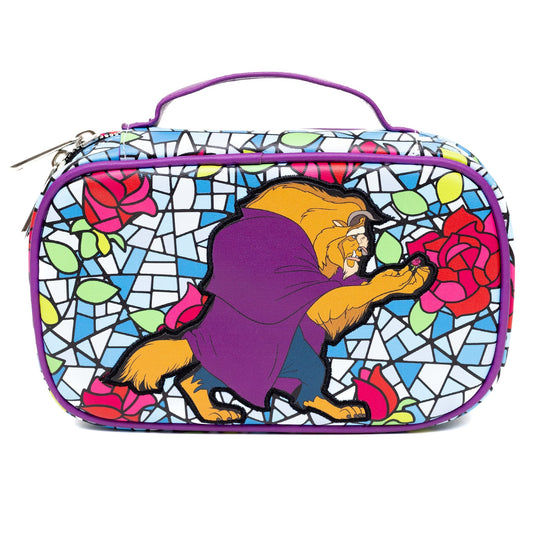Disney Vegan Leather Travel Cosmetic Bag, Make-Up Bag for Women, Beauty and the Beast Villain Beast Enchanted Rose Pose Applique with Stained Glass Print Blues - Concordia Style Boutique