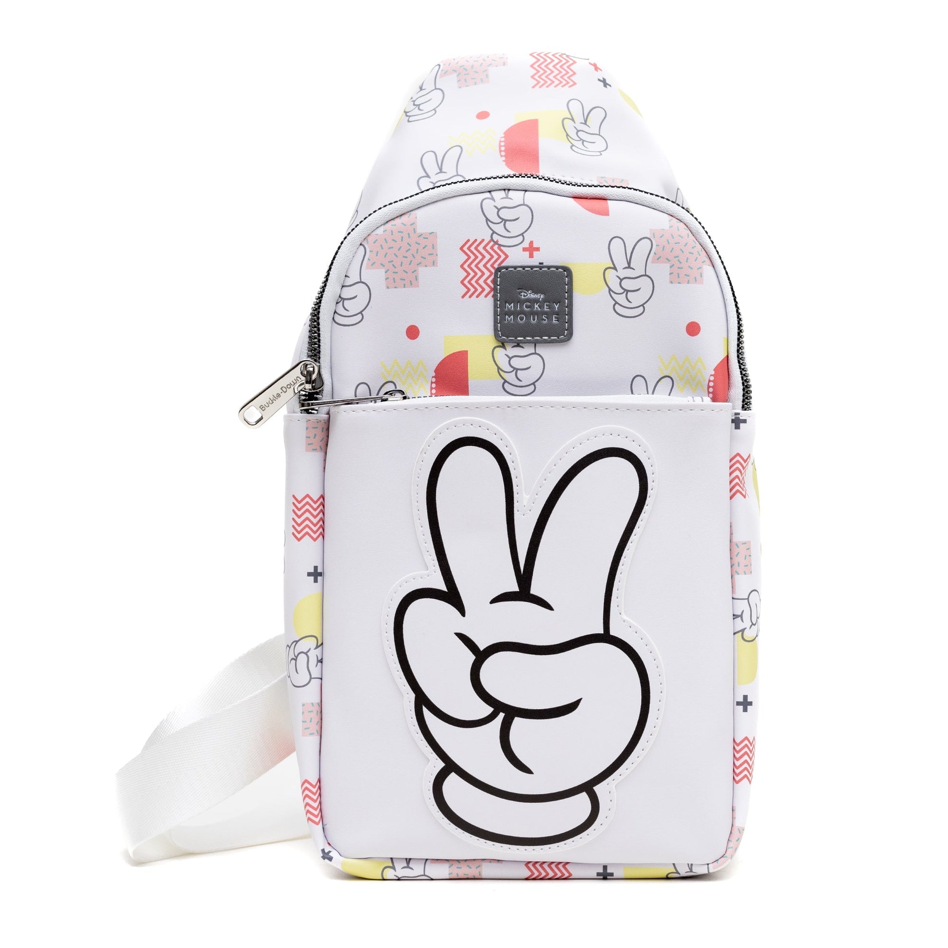 Disney Vegan Leather Crossbody Sling Bag, Mickey Mouse Peace Fingers Applique and Icons Collage, White, 7" x 14" - Premium Crossbody Bags from Fashion Flare Boutique - Just $40.95! Shop now at Concordia Style Boutique