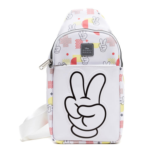 Disney Vegan Leather Crossbody Sling Bag, Mickey Mouse Peace Fingers Applique and Icons Collage, White, 7" x 14" - Premium Crossbody Bags from Fashion Flare Boutique - Just $40.95! Shop now at Concordia Style Boutique