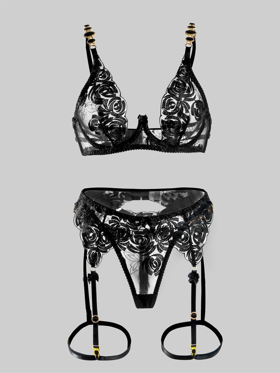 Black Embroidered Sexy Push Up Lingerie Set - Concordia Style Boutique
