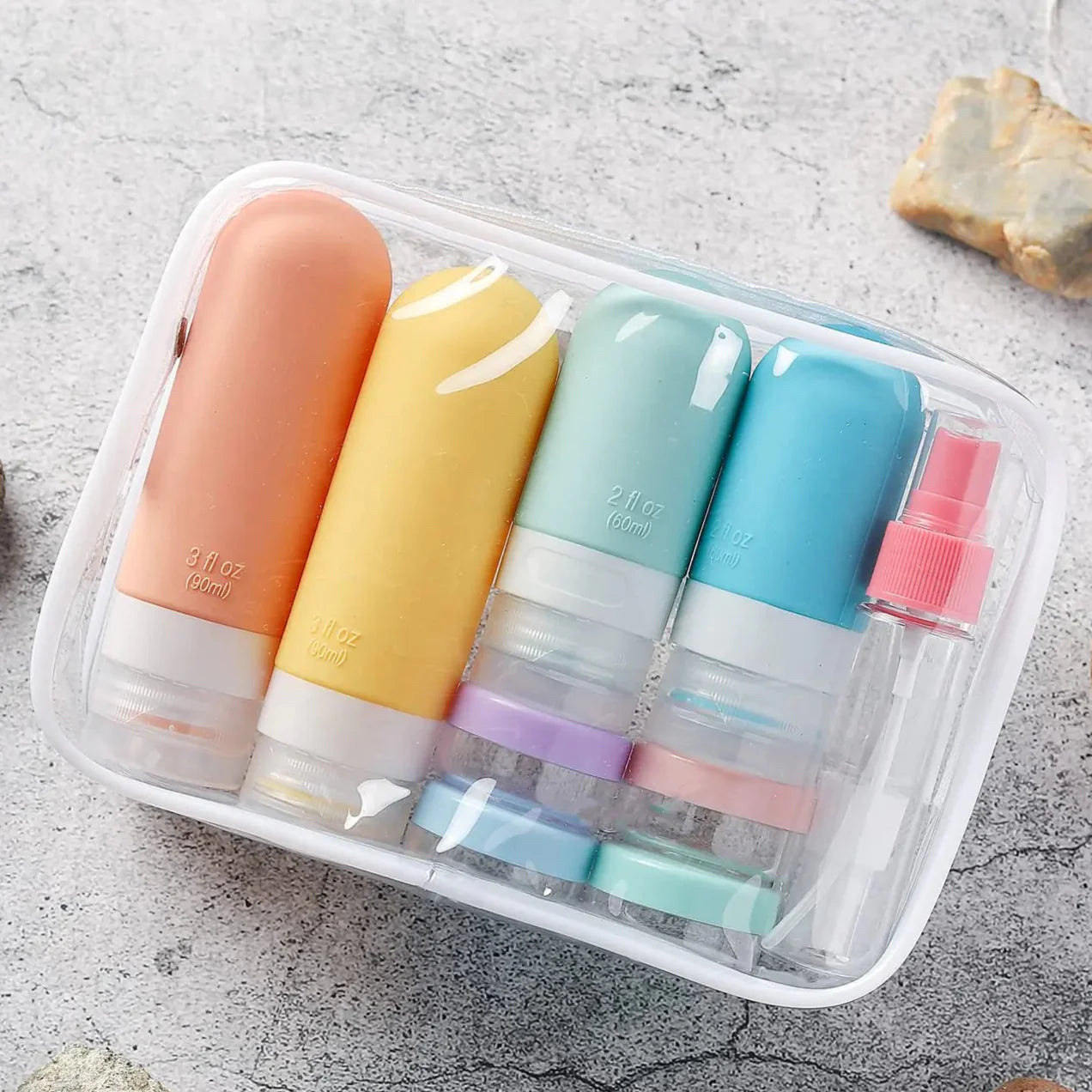 TSA-Approved Reusable Silicone Travel Bottles Set – 16 pcs / White Pack – Optional Logo