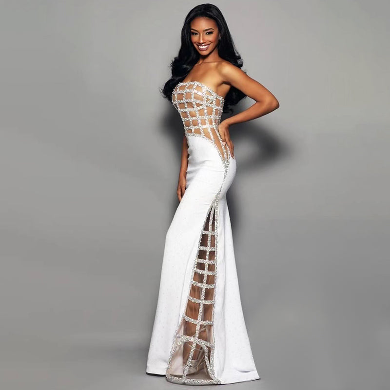 White Sequin Off-Shoulder Evening Gown For Women, Slim Fit, Midtown, BYMANYC New York.