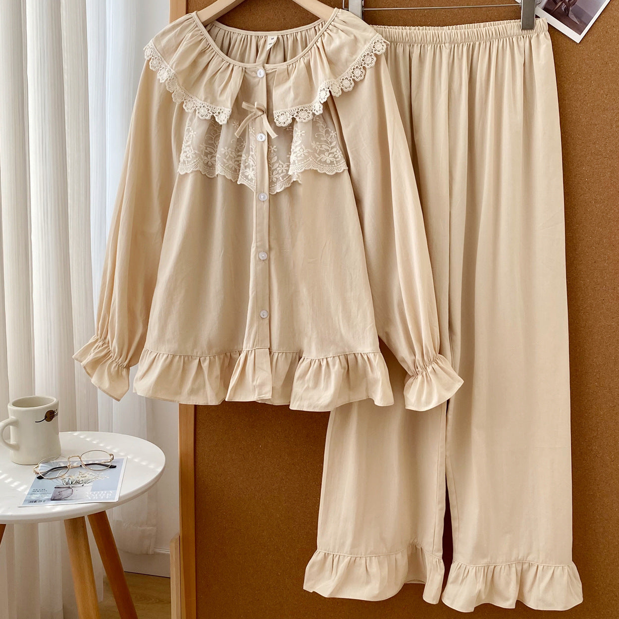 Lucie Lace Collar Cotton Pajama Set / Almond Cream