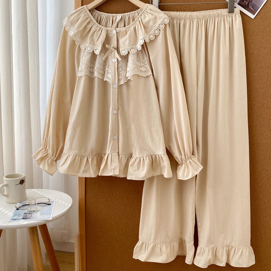 Lucie Lace Collar Cotton Pajama Set / Almond Cream