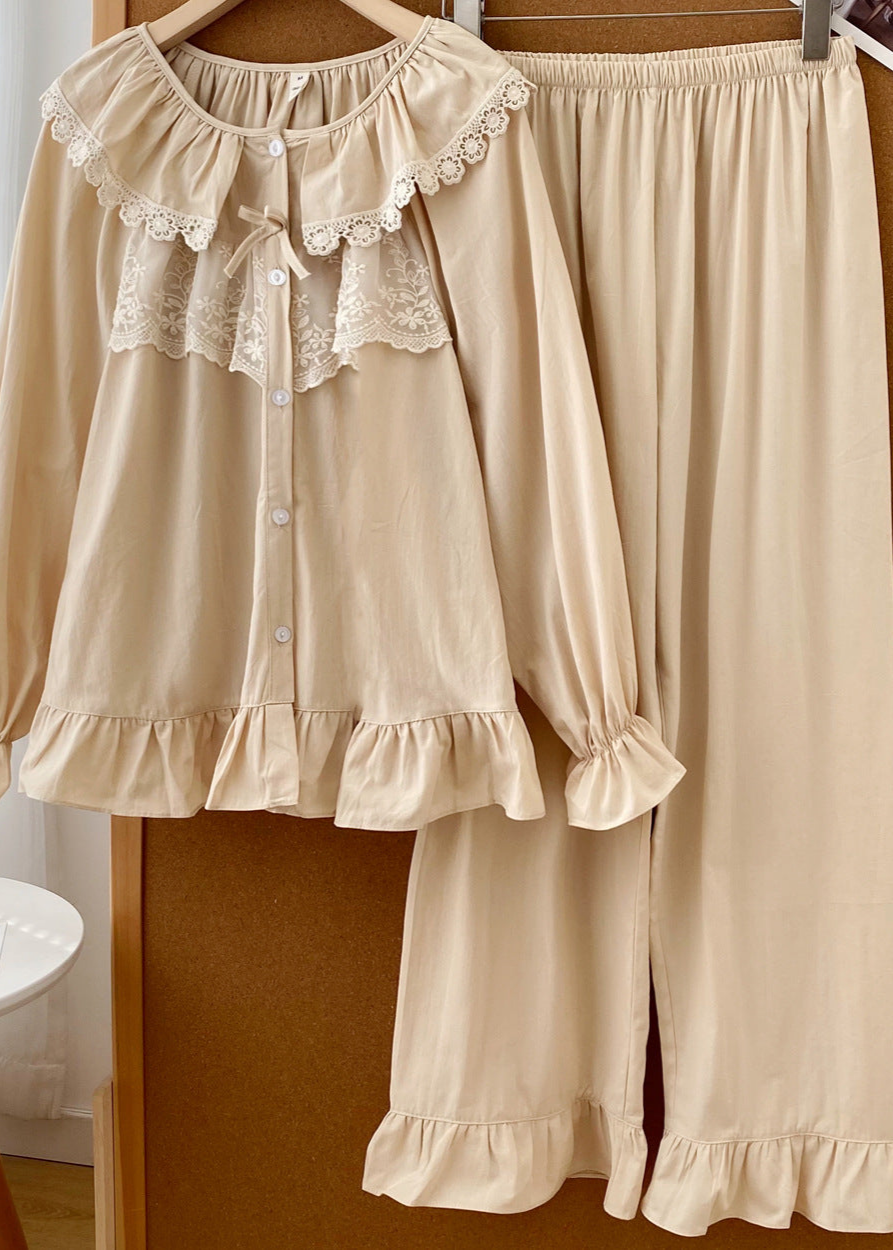 Lucie Lace Collar Cotton Pajama Set / Almond Cream