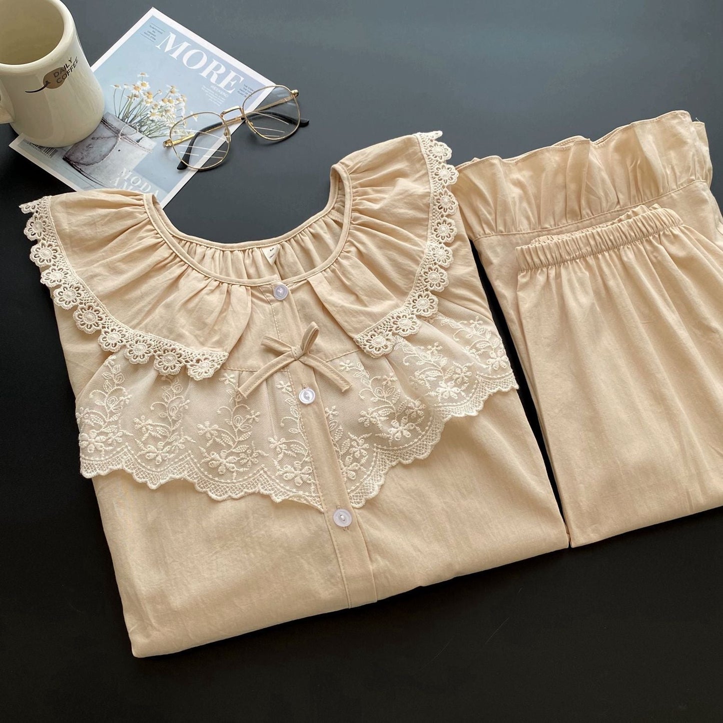 Lucie Lace Collar Cotton Pajama Set / Almond Cream