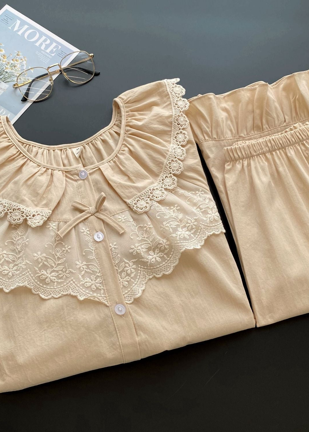 Lucie Lace Collar Cotton Pajama Set / Almond Cream