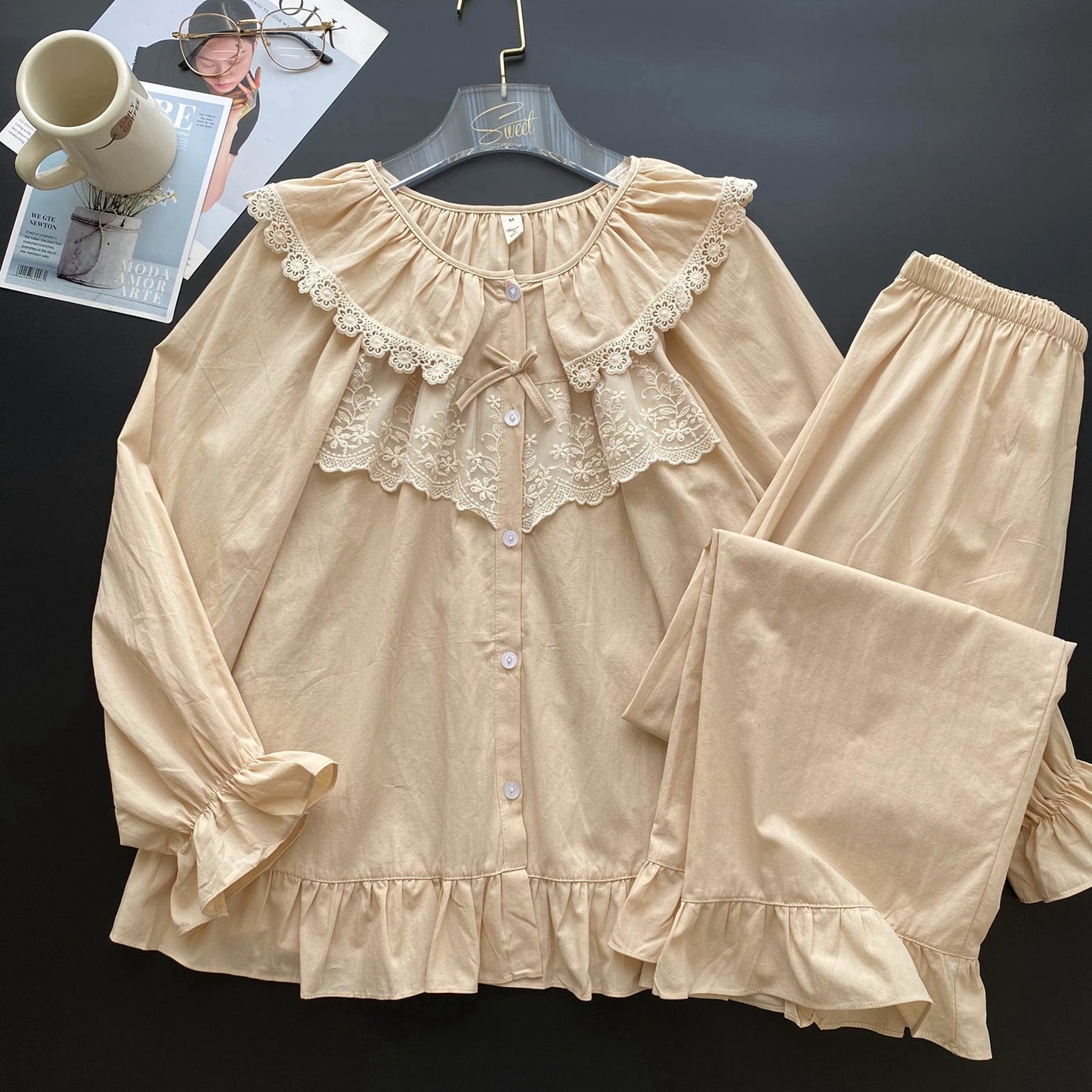 Lucie Lace Collar Cotton Pajama Set / Almond Cream