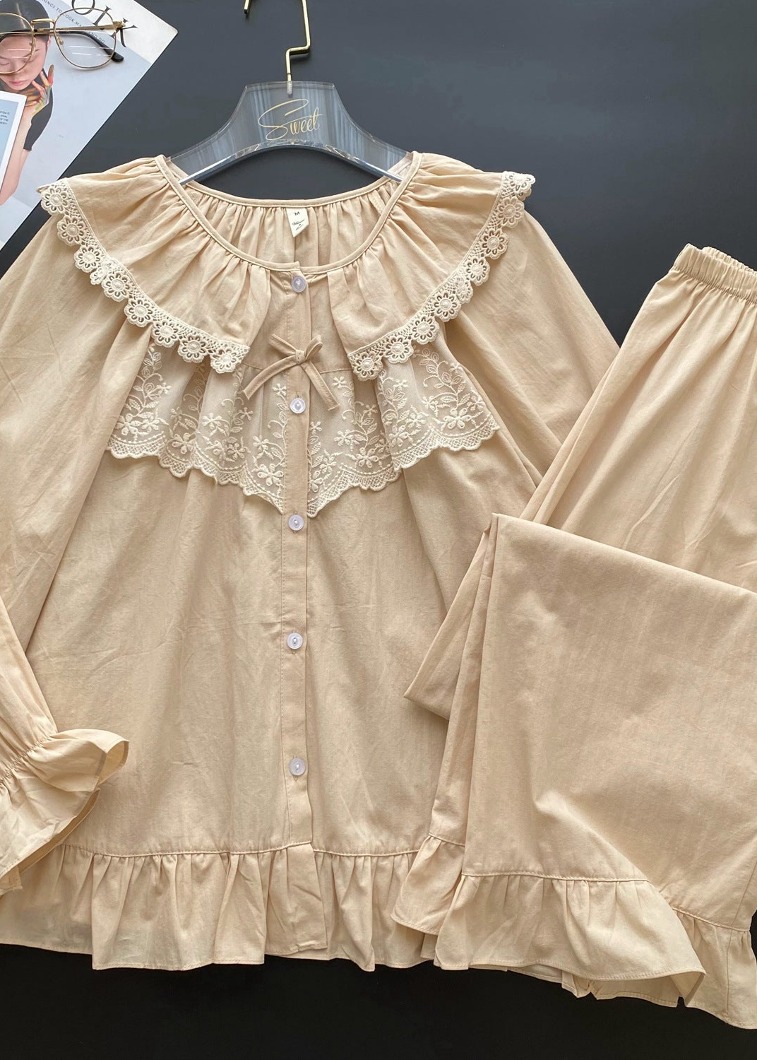 Lucie Lace Collar Cotton Pajama Set / Almond Cream