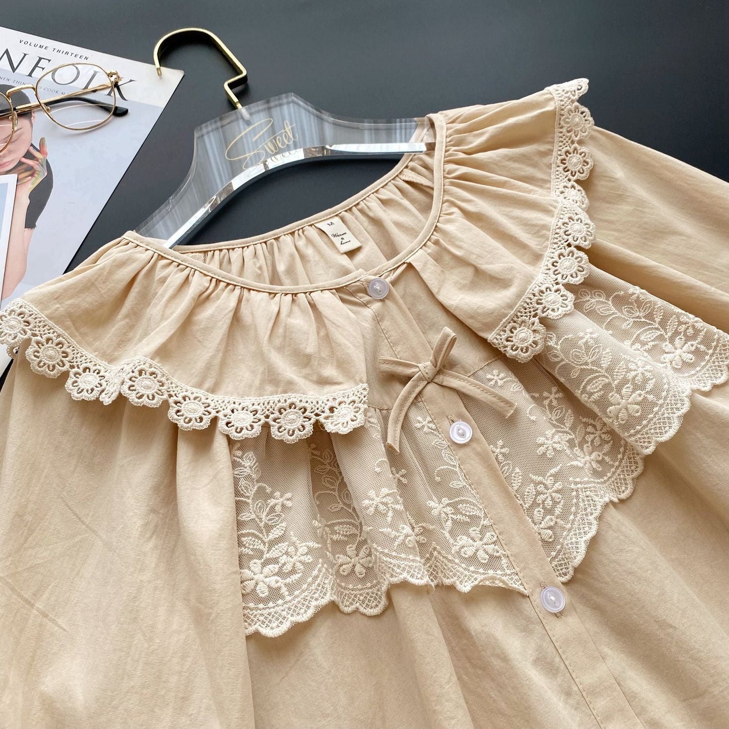 Lucie Lace Collar Cotton Pajama Set / Almond Cream