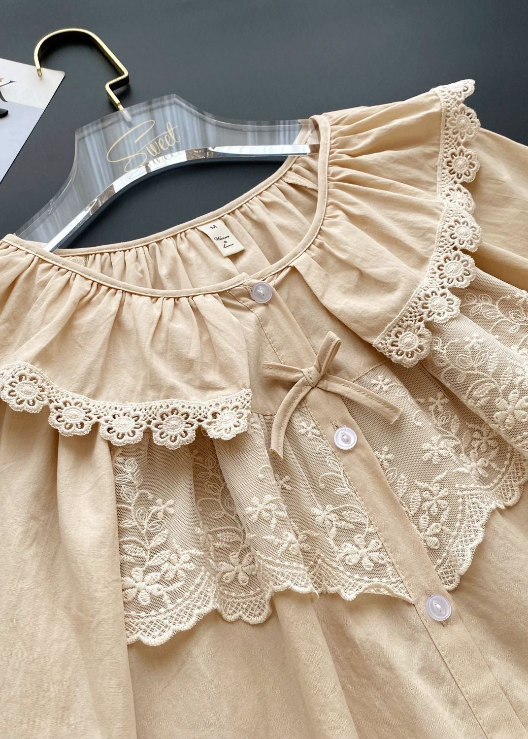 Lucie Lace Collar Cotton Pajama Set / Almond Cream