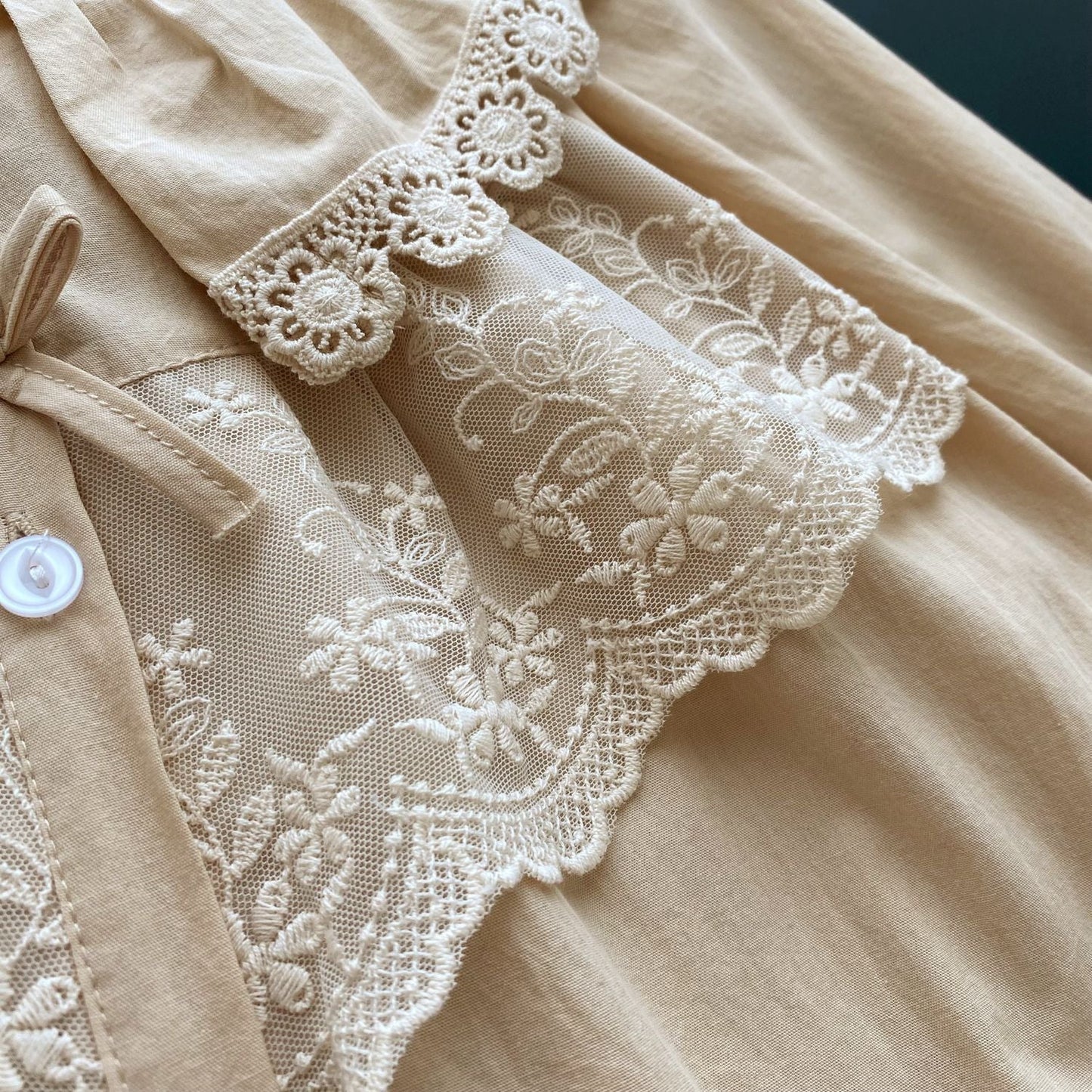 Lucie Lace Collar Cotton Pajama Set / Almond Cream