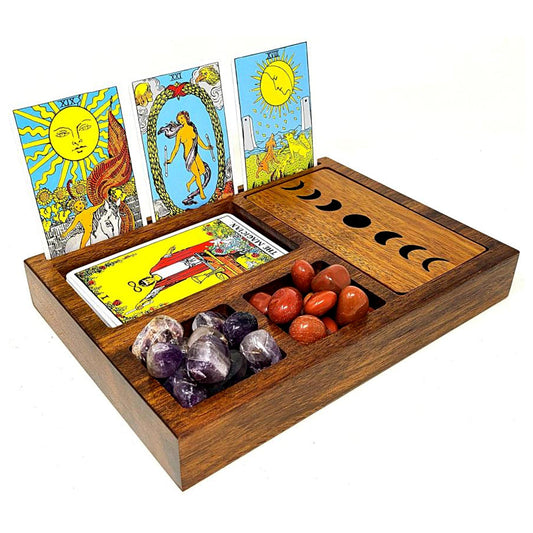 Wooden Tarot Card Holder with Moon Phase Lid