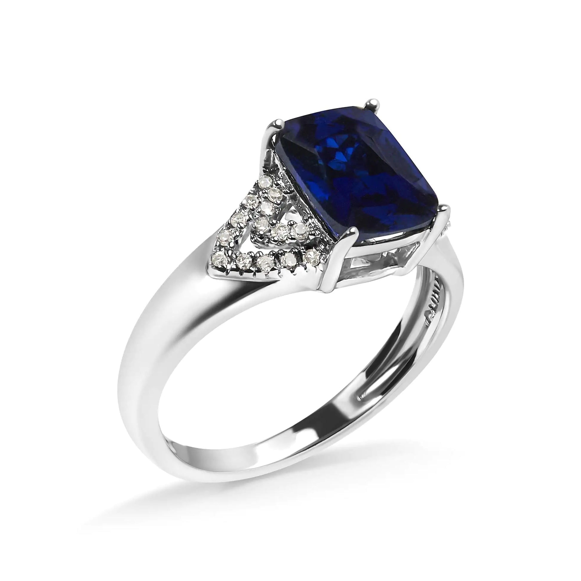 *SOLD OUT* .925 Sterling Silver 9X7 mm Cushion Cut Blue Sapphire and White Diamond Step up Engagement Ring (I-J Color, I3 Clarity) - Concordia Style Boutique