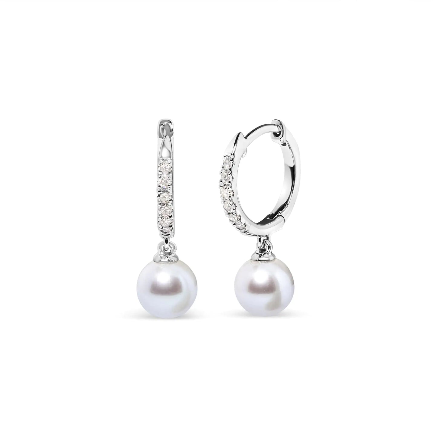 10K White Gold 6x6 MM Cultured Freshwater Pearl and Diamond Accent Drop Huggy Earring (H-I Color, I1-I2 Clarity) - Concordia Style Boutique