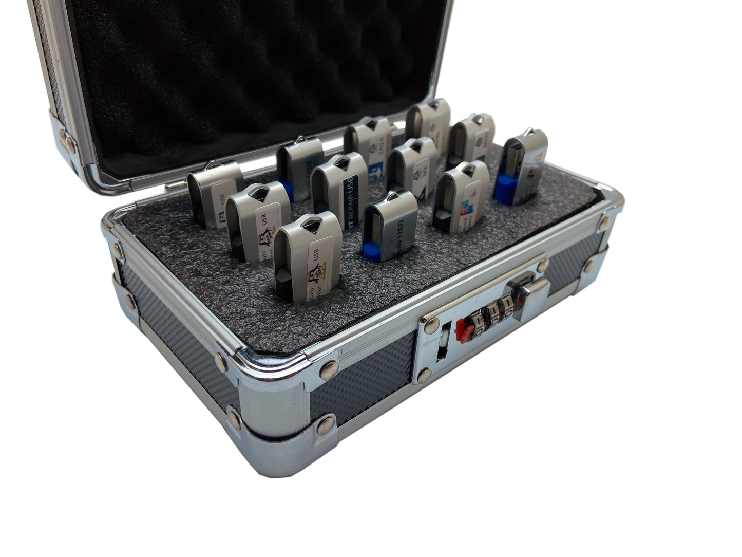 USB Drive Organizer Case (Aluminum – 12 Slots) – Shockproof Antistatic Storage Box with Lock