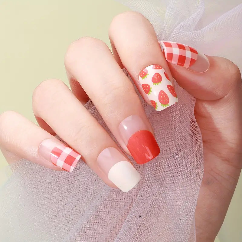 Strawberry Gingham Gel Nails