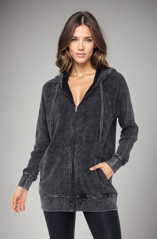 Oversized Waffle Knit Zip-Up Hoodie