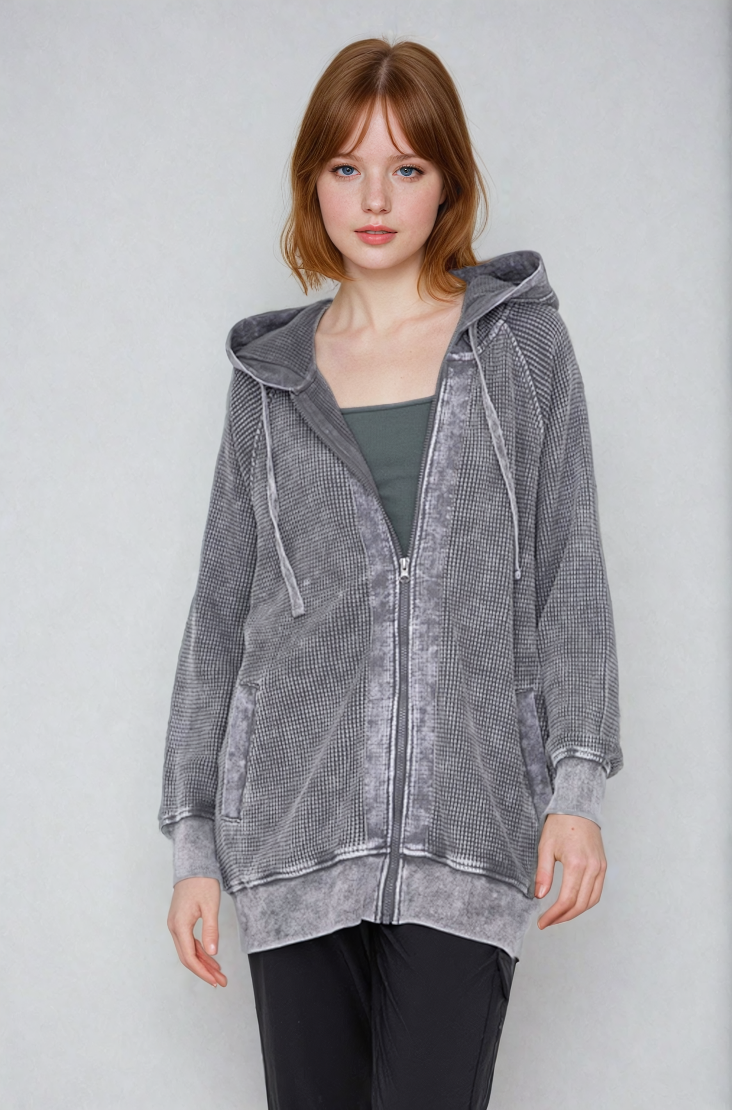 Oversized Waffle Knit Zip-Up Hoodie