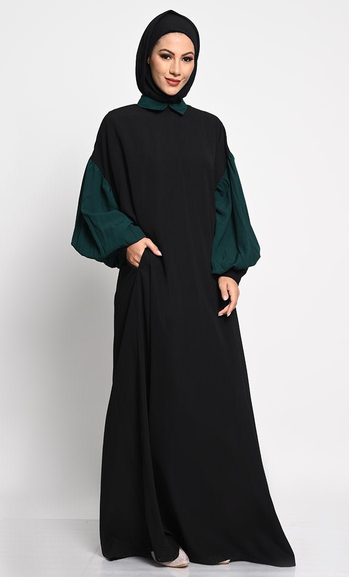 A-Line Nida collared Abaya with Off-Shoulder sleeves