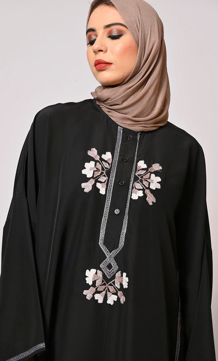 A Tapestry of Style: Black  Embroidered Pheran Like Abaya