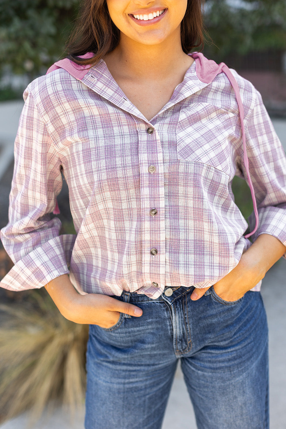 Ariella Checkered Loose Fit Buttoned Hooded Shacket - Concordia Style Boutique