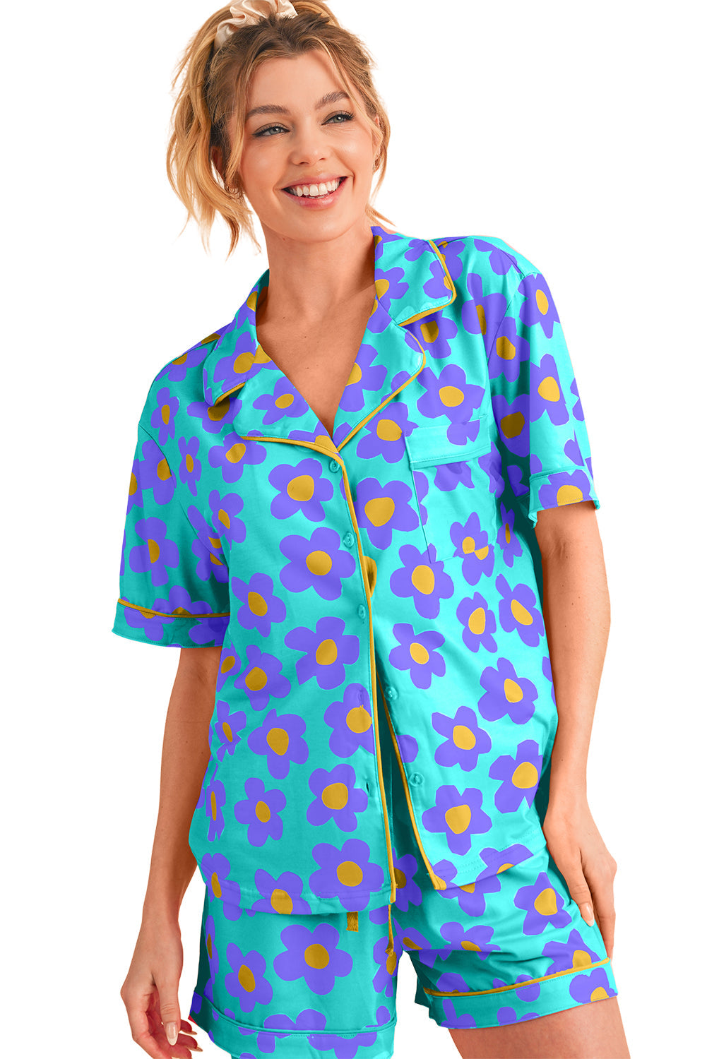 Luxury Flower Print Buttoned Shirt And Drawstring Waist Pajama Set - Concordia Style Boutique
