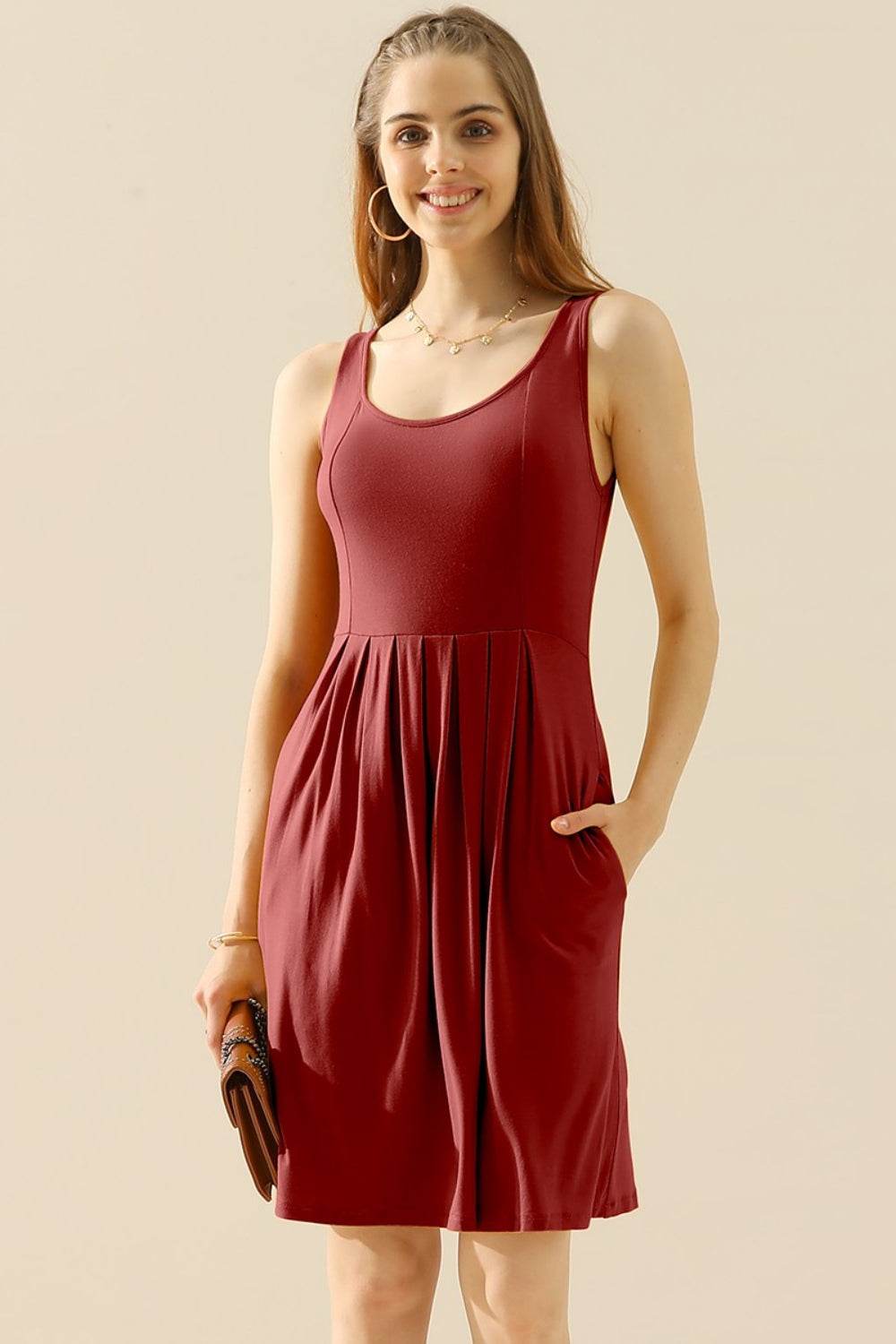 Doublju Full Size Round Neck Ruched Sleeveless Dress with Pockets - Concordia Style Boutique