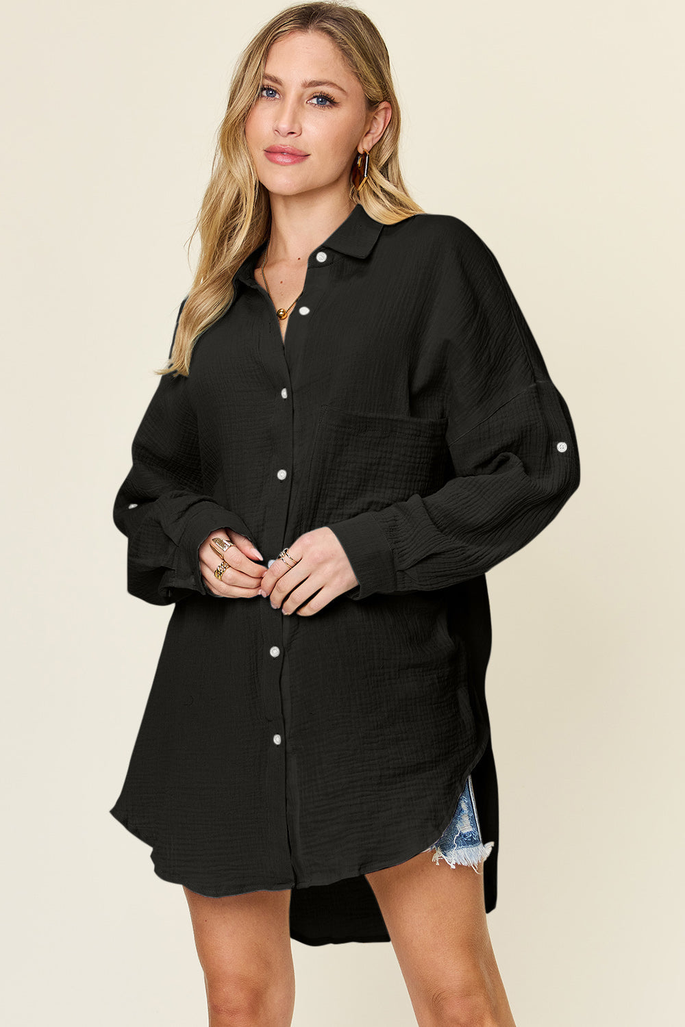 Double Take Full Size Pocketed Texture Button Up Shirt - Concordia Style Boutique