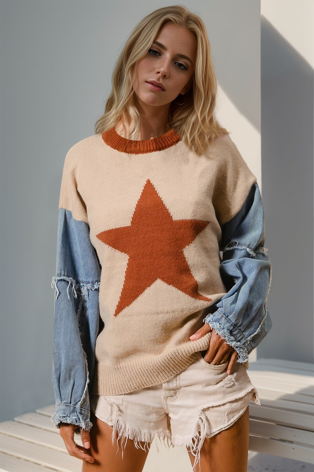Double Take Full Size Star Pattern Raw Edge Long Sleeve Sweater - Concordia Style Boutique