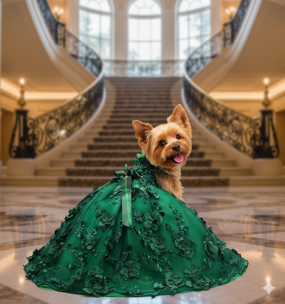 Emerald Green Floral Pet Gown | Luxury Dog Dress for Weddings & Special Occasions