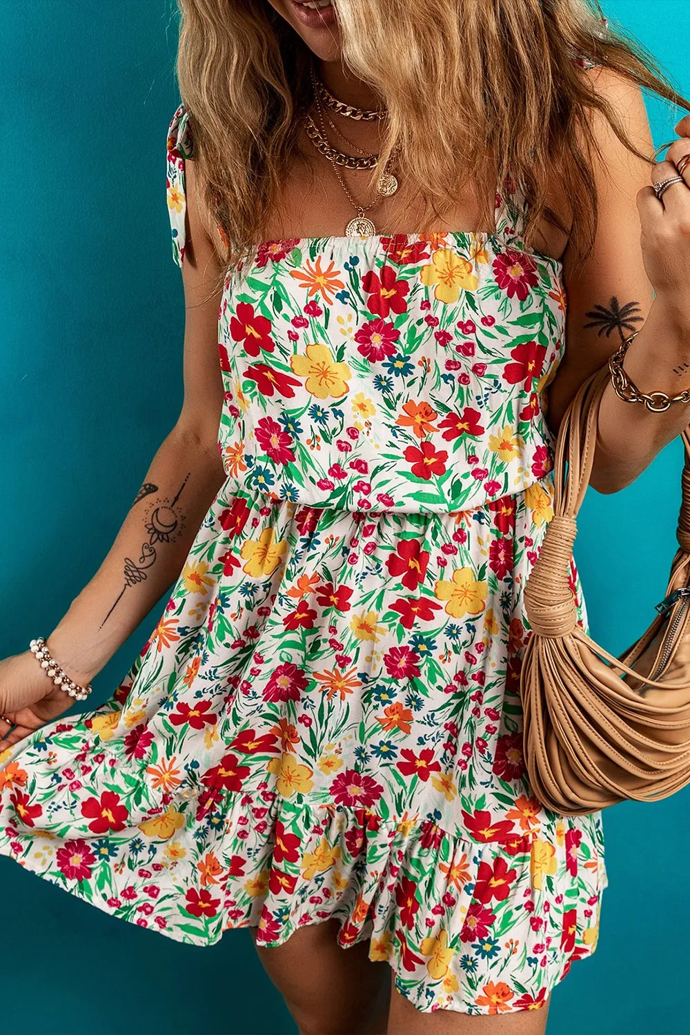 Floral Knotted Straps Cinched Waist Ruffle Hem Mini Dress - Concordia Style Boutique