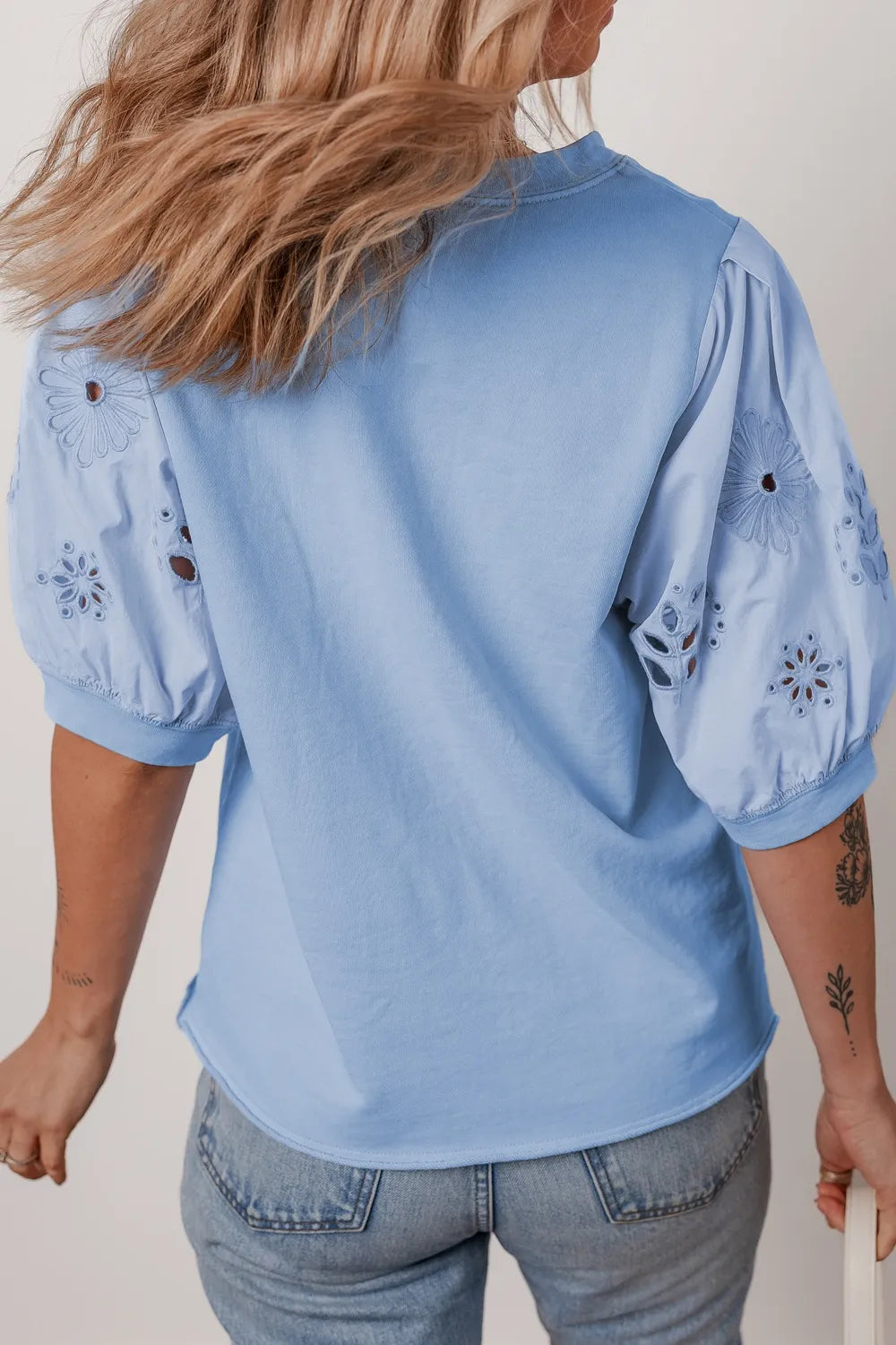 Eyelet Flower Embroidered Puff Short Sleeve Patchwork Crew Neck Blouse - Concordia Style Boutique