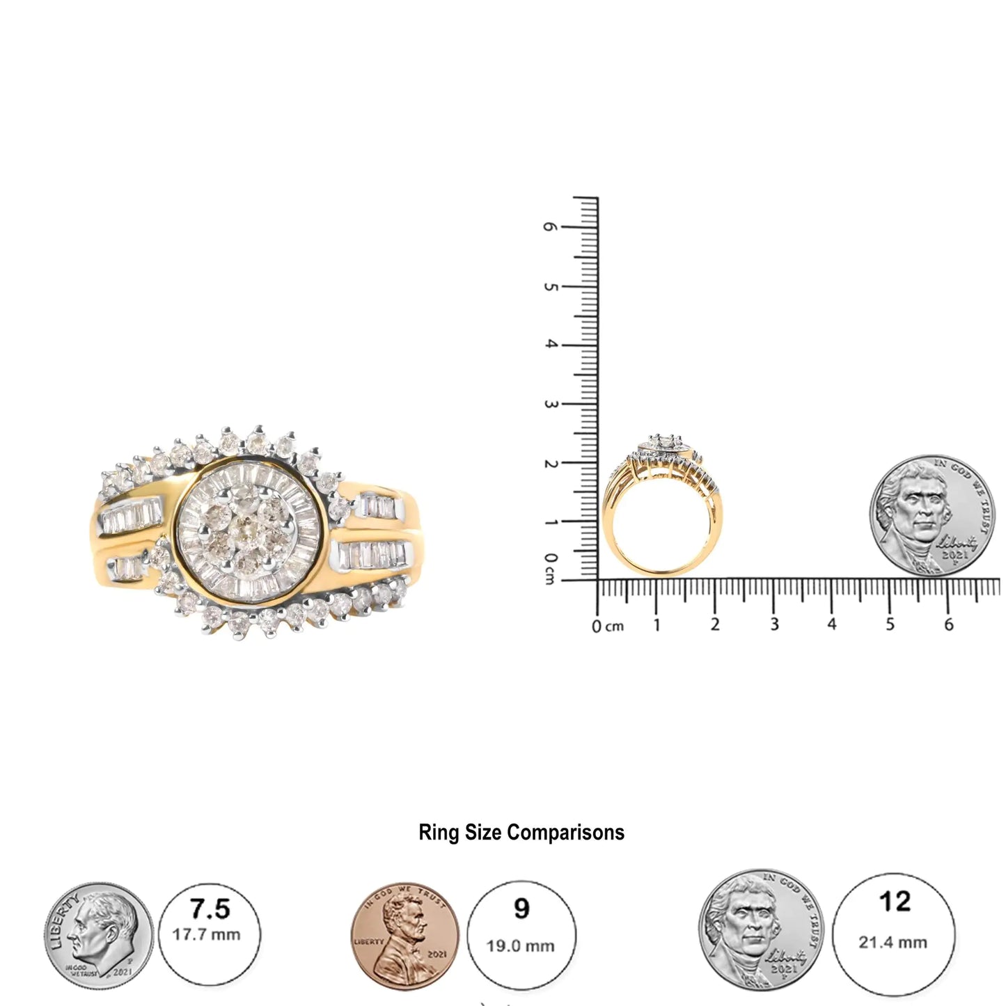 10K Yellow Gold 1 Cttw Round and Baguette cut Diamond Cluster Swirl Band Ring (H-I Color, I1-I2 Clarity) - Concordia Style Boutique
