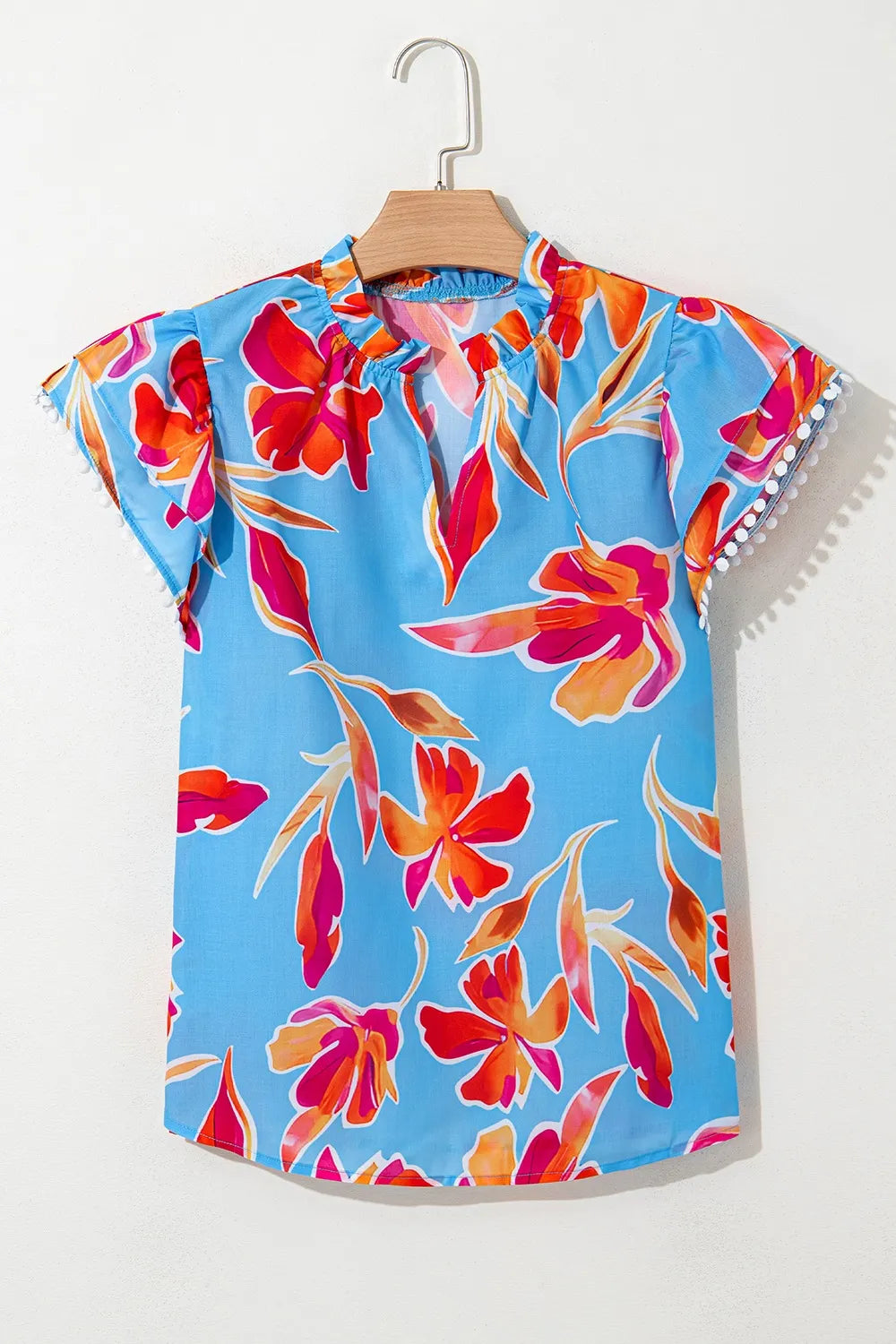 Floral Print Notched Pompom Trim Flutter Sleeve Blouse - Concordia Style Boutique