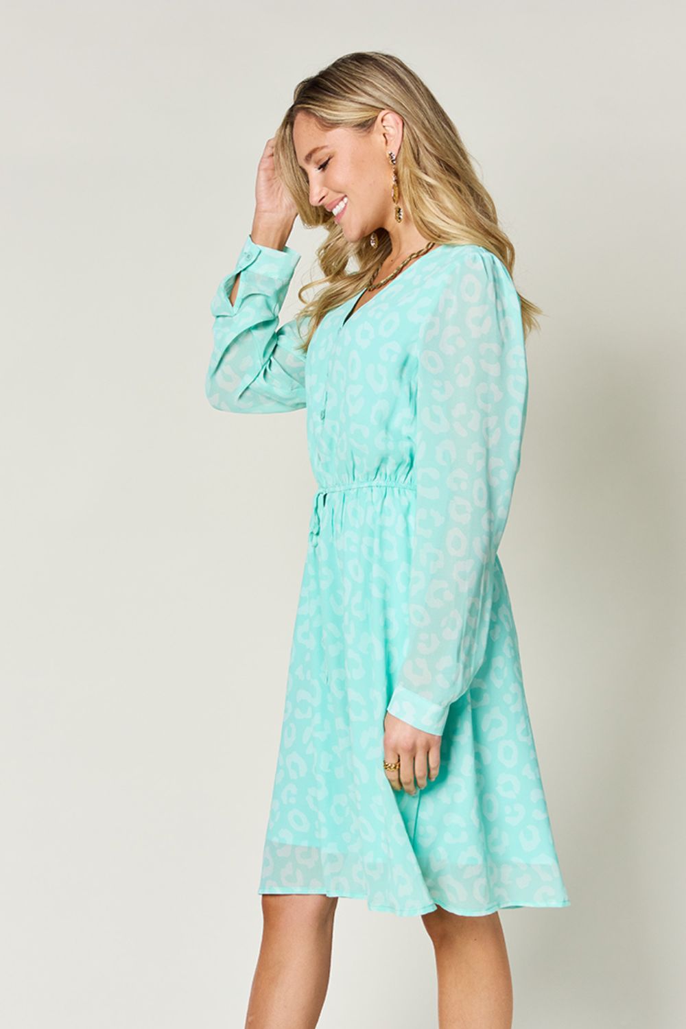 Double Take Full Size Printed Ruched V-Neck Long Sleeve Dress - Concordia Style Boutique